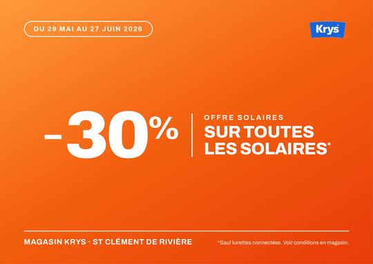 Lunettes de soleil de marque en promotion -30% chez Krys Saint-Clément-de-Rivière